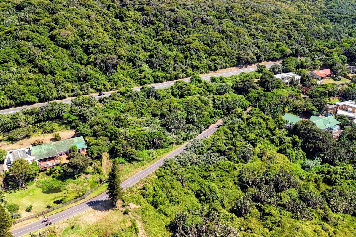 An aerial view of a residential area featuring dense natural vegetation, surrounding roads, and existing residential properties.