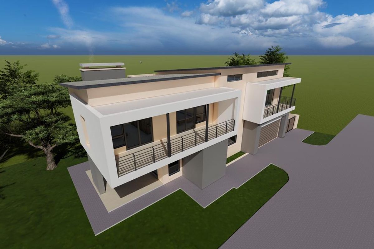 An aerial 3D architectural render of a modern two-story house featuring balconies, metal railings, and a paved driveway.