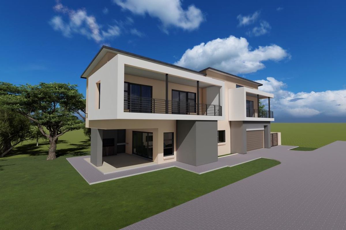 A modern two-story residential house design featuring a balcony, integrated garage, and paved driveway, presented as a 3D architectural rendering.