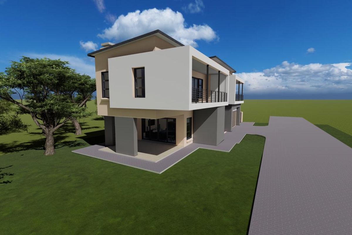 A 3D architectural render showing the rear elevation of a modern two-story house with a balcony and covered patio area.