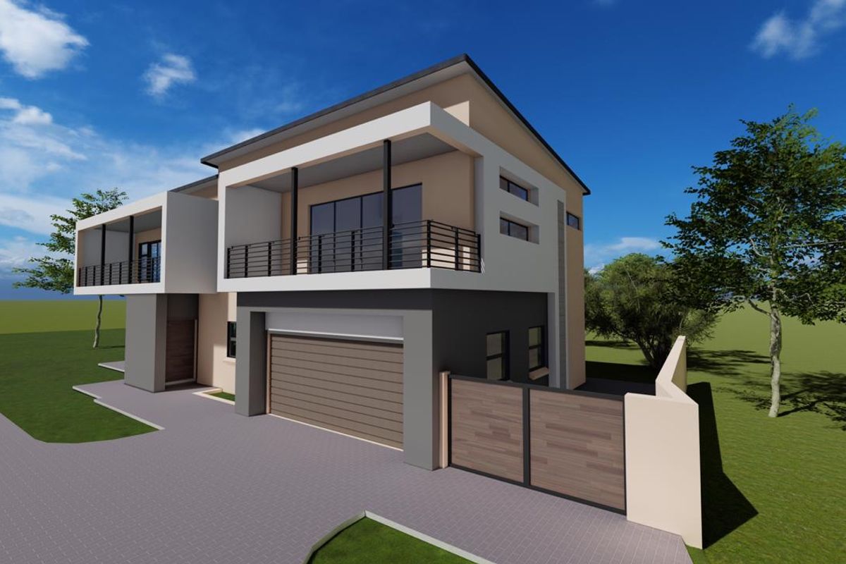A modern double-story residential house featuring a double garage, upper-level balcony, and paved driveway, presented as a 3D architectural rendering.