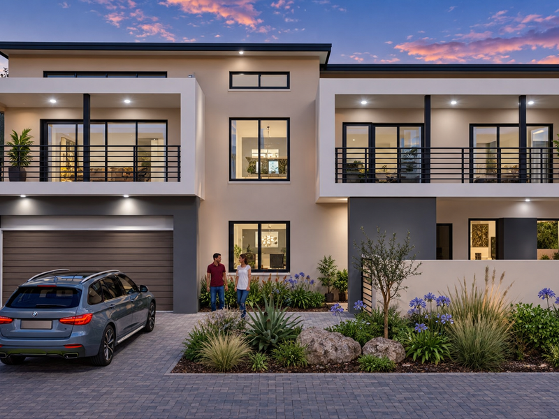 Modern double-story residential facade featuring dual balconies, a double garage, and contemporary architectural design with integrated outdoor lighting.