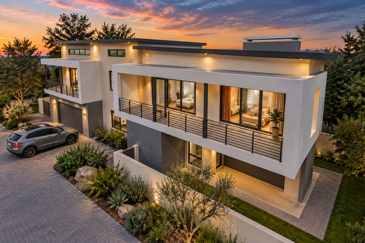 A modern two-story luxury residence featuring a paved driveway, expansive balconies with metal railings, and integrated exterior lighting at sunset.