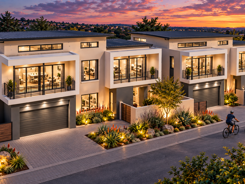A modern multi-unit residential complex featuring contemporary architecture, private balconies, integrated garages, and professionally landscaped front gardens at sunset.