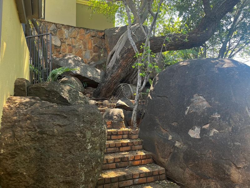 A natural garden setting featuring a brick staircase integrated between large natural rock formations and a stone retaining wall.