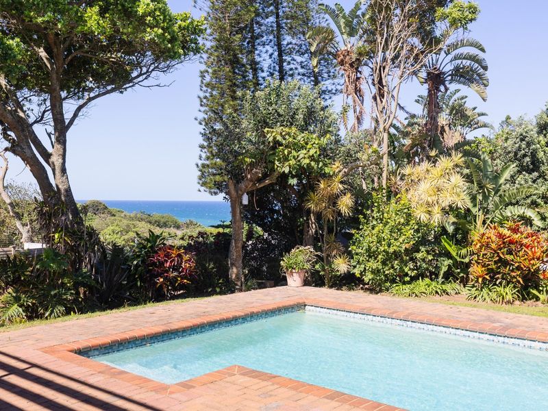 A well-maintained swimming pool with brick coping, set within a lush, established garden featuring mature trees and a scenic ocean view.