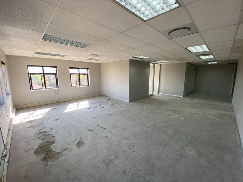 An empty, open-plan commercial office space featuring a suspended ceiling, recessed lighting, and significant wear to the concrete flooring.
