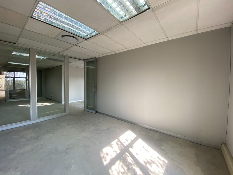 An empty commercial office space featuring glass partitions, suspended ceilings with recessed lighting, and an unfinished floor, ready for custom fit-out.