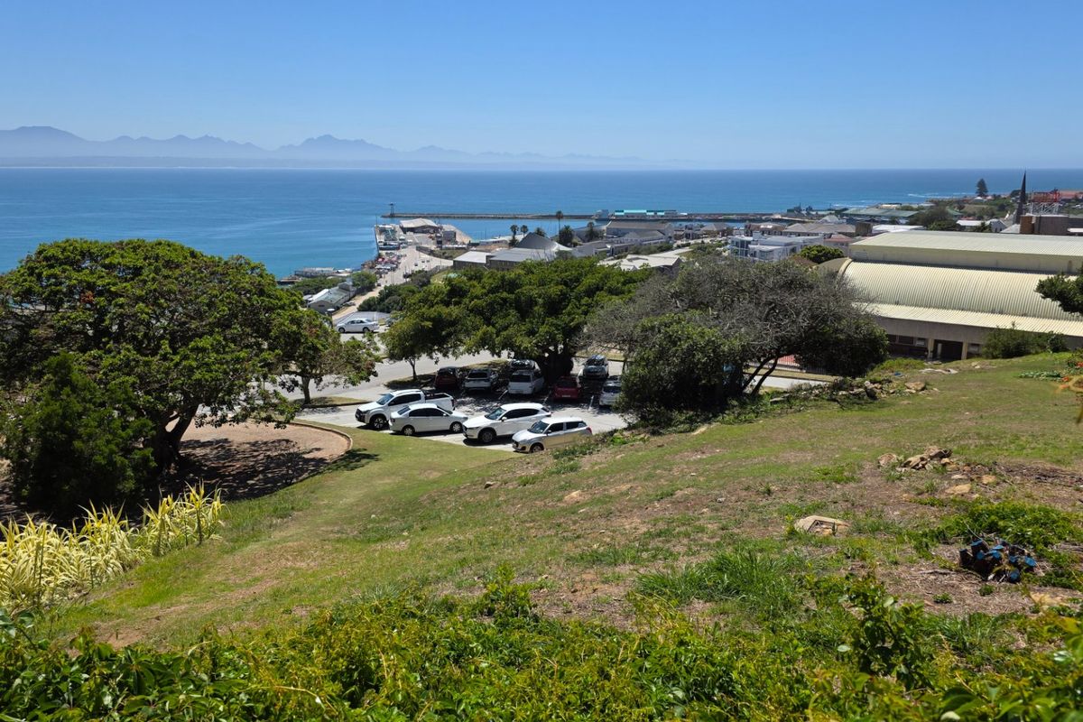 Elevated view overlooking the coastal town, harbour, and ocean, showcasing the natural landscape and surrounding area.
