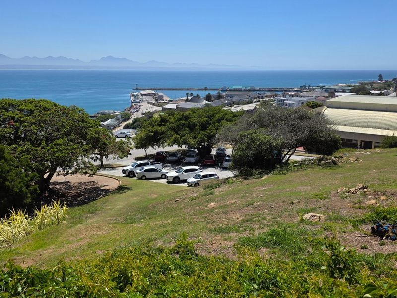 Elevated view overlooking the coastal town, harbour, and ocean, showcasing the natural landscape and surrounding area.
