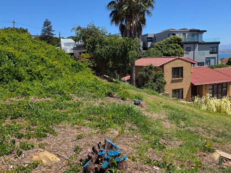 A sloped residential plot featuring natural vegetation and mature trees, situated in a developed neighborhood with surrounding residential properties.