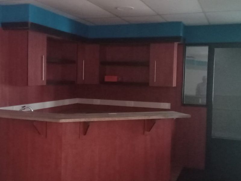 An empty commercial bar area featuring built-in cabinetry, a service counter, and a drop ceiling, offering potential for renovation or modern office conversion.