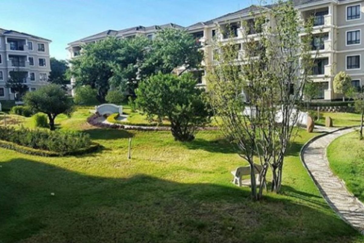 A view of the well-maintained communal garden and landscaped grounds situated between the apartment complex buildings.