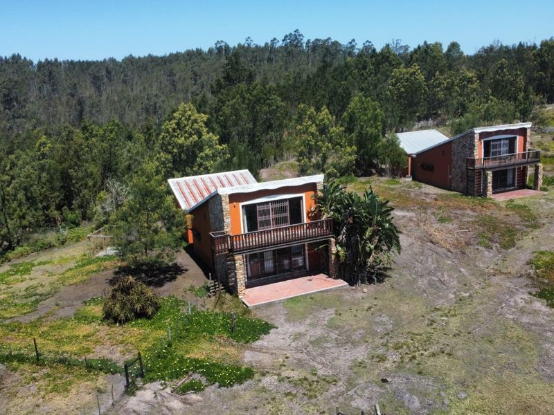 Aerial view of two rustic farm dwellings featuring stone accents, corrugated metal roofing, and timber balconies set within a natural landscape.