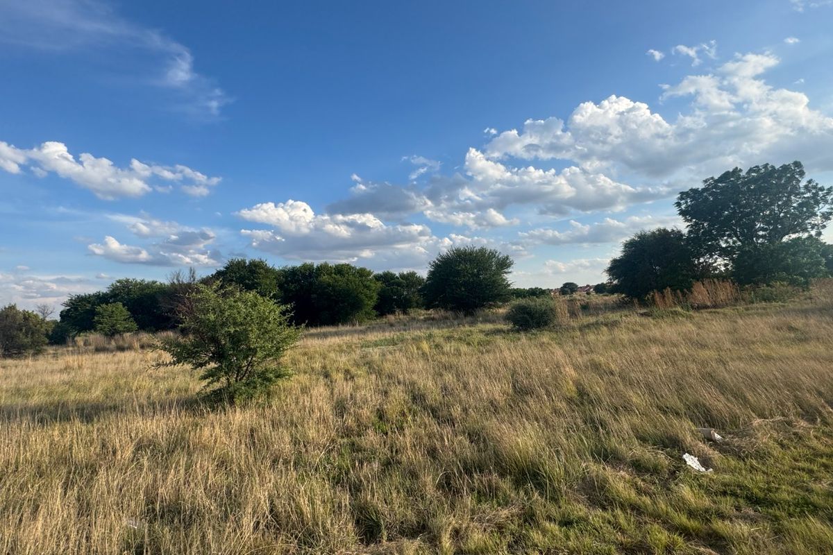 A view of a vacant residential plot featuring natural grass cover and scattered mature trees under a clear blue sky.