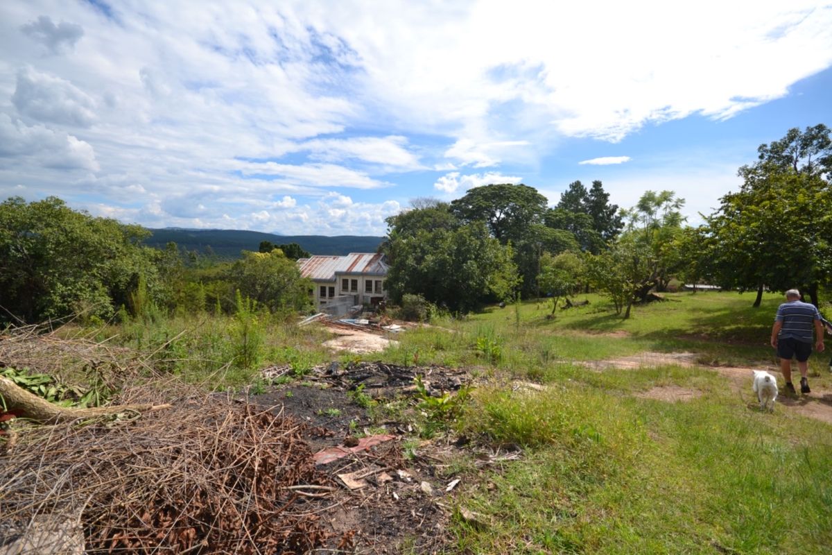 A wide-angle view of the property grounds featuring mature trees, natural landscape, and a view of the main dwelling with a corrugated metal roof.