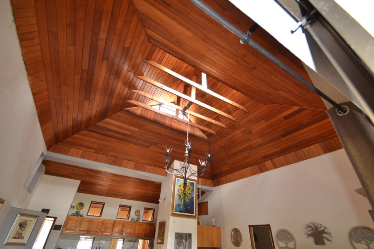 Spacious living area featuring a high vaulted timber ceiling with exposed beams and a central skylight, creating a warm and airy atmosphere.