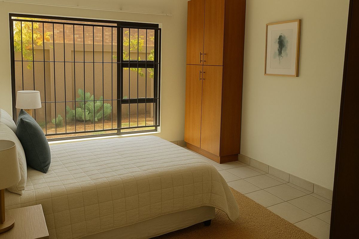 A well-maintained bedroom featuring tiled flooring, a built-in wooden wardrobe, and a large window fitted with security bars.