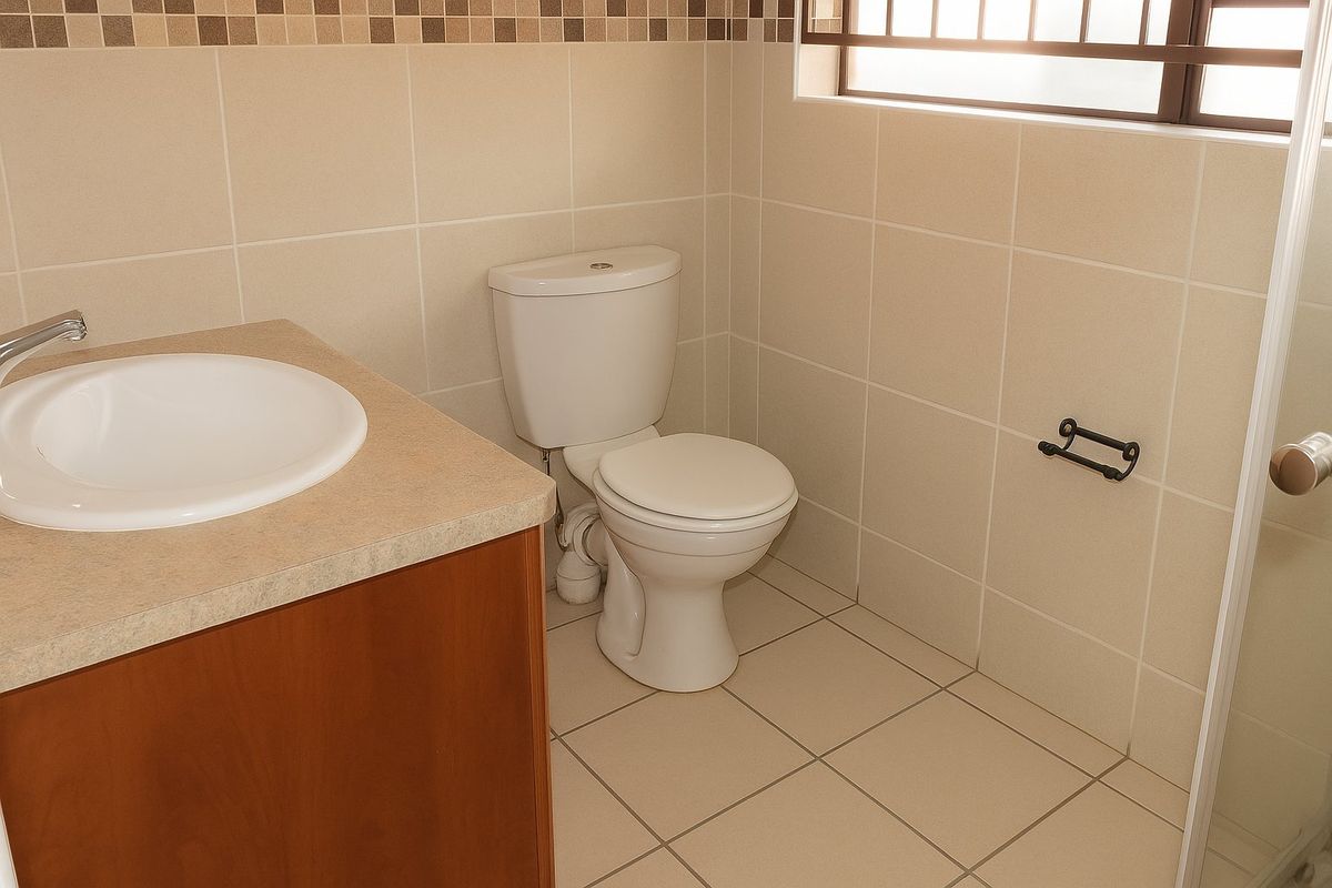 A clean, functional bathroom featuring a vanity cabinet with a basin, a standard toilet, and neutral wall and floor tiling.