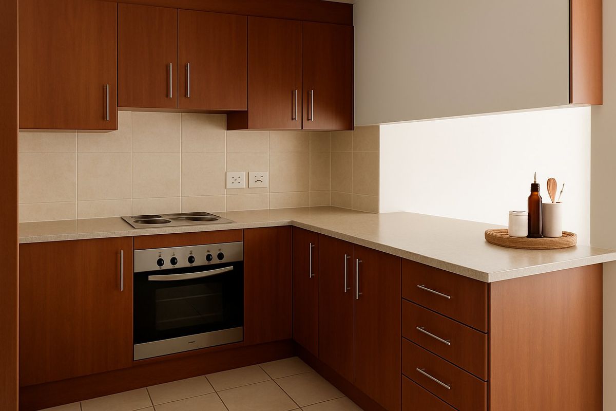A clean, functional kitchen featuring wood-finish cabinetry, built-in oven, electric cooktop, and neutral tiled backsplash and flooring.
