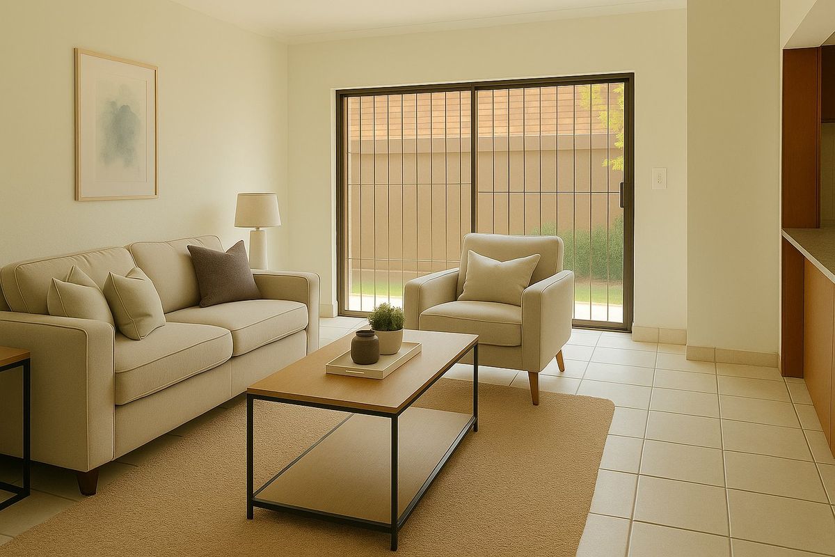 A bright living area featuring neutral ceramic floor tiles and a sliding glass door with integrated security bars leading to the exterior.