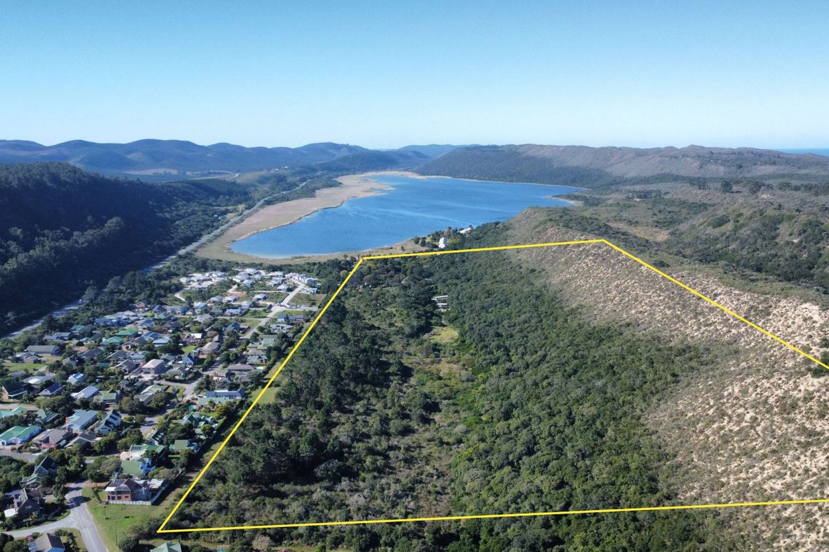 Aerial view of a large, undeveloped plot of land featuring natural vegetation, situated near a residential area and a scenic lake.