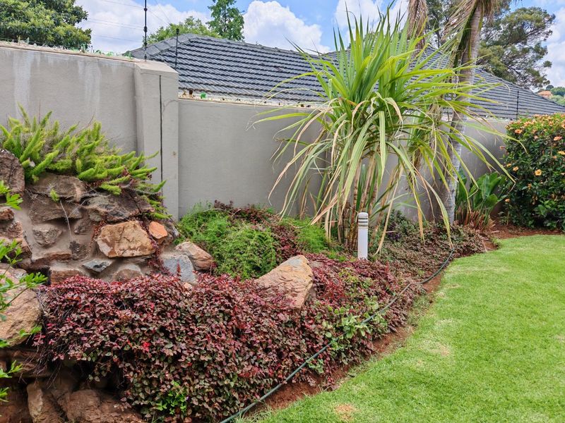 A well-maintained garden area featuring a landscaped rockery, established shrubs, and a solid boundary wall.