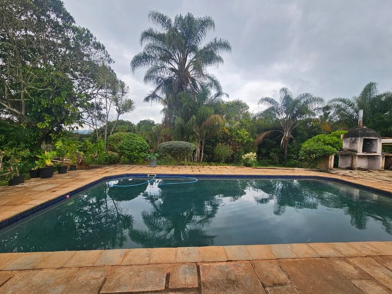 Outdoor pool area featuring a stone-paved patio, a built-in fireplace, and mature garden landscaping in a tranquil farm setting.