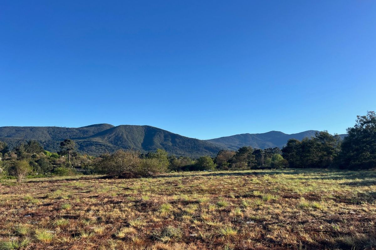 A scenic view of a vacant residential plot featuring natural grass terrain with a prominent mountain range backdrop.