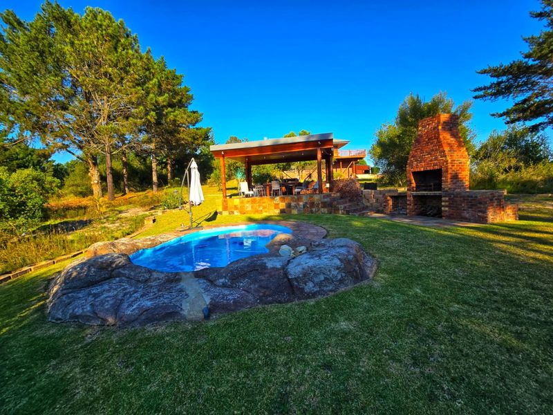Outdoor entertainment area featuring a rock-surround swimming pool, a large brick built-in braai, and a covered patio structure set within a landscaped garden.