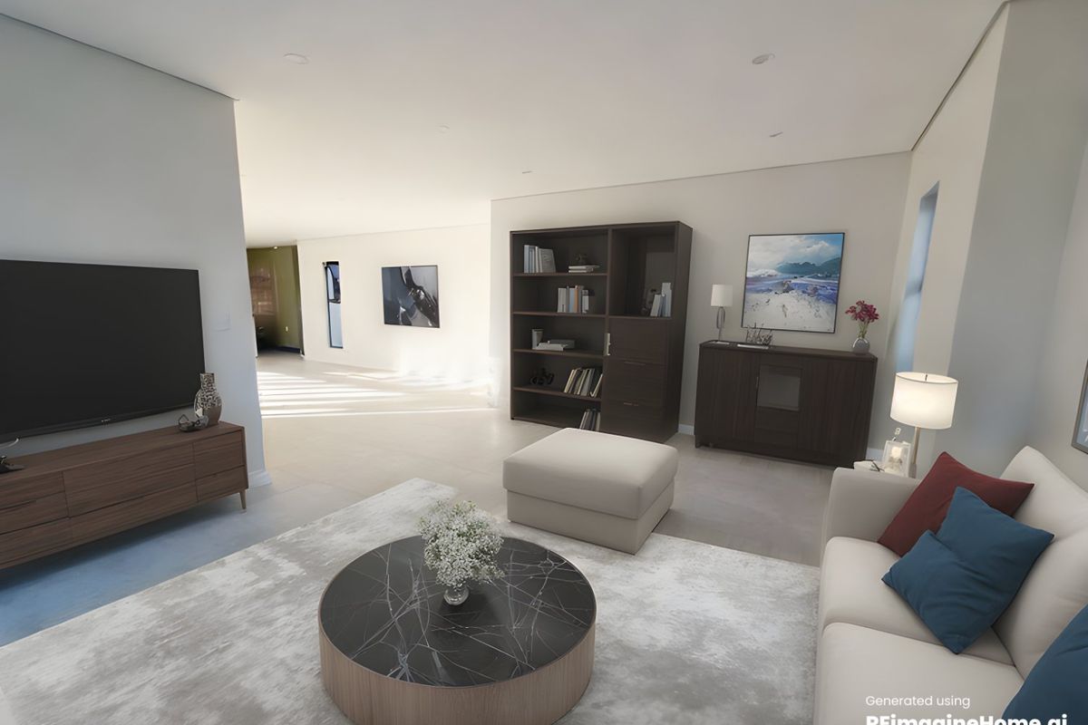 A bright and modern living room featuring neutral tiled flooring, recessed ceiling lighting, and an open-plan layout leading to adjacent spaces.