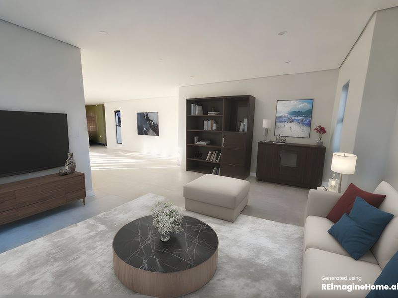 A bright and modern living room featuring neutral tiled flooring, recessed ceiling lighting, and an open-plan layout leading to adjacent spaces.