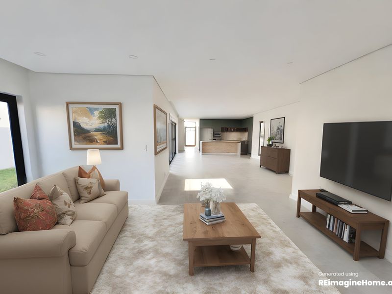 Spacious open-plan living area featuring a modern kitchen with island, neutral flooring, and large sliding doors leading to the exterior.