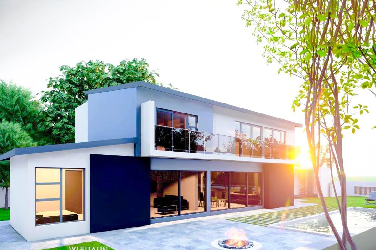 Modern two-story residence featuring a rear patio, swimming pool, fire pit, and upper-level balcony with glass balustrades.
