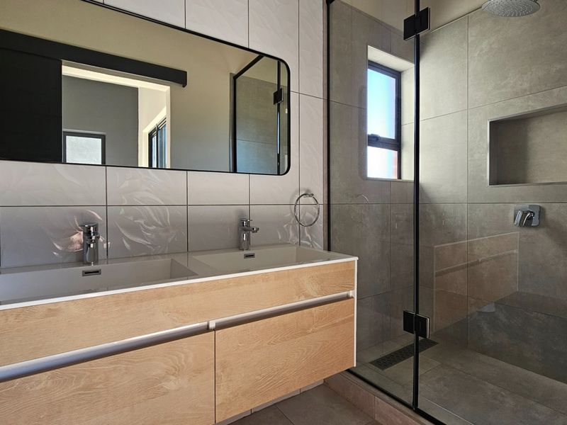 Modern bathroom featuring a double vanity with wood-finish cabinetry, a large wall-mounted mirror, and a spacious walk-in shower with a recessed niche.