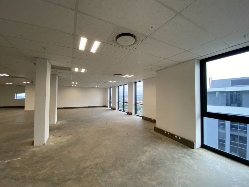 An expansive, vacant commercial office space featuring large windows, suspended ceilings with recessed lighting, and an open-plan layout with concrete flooring.