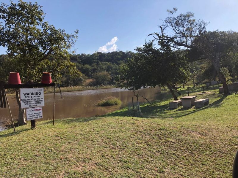 A scenic view of a lakefront area featuring established trees, grassy banks, and concrete picnic seating, ideal for outdoor recreation.