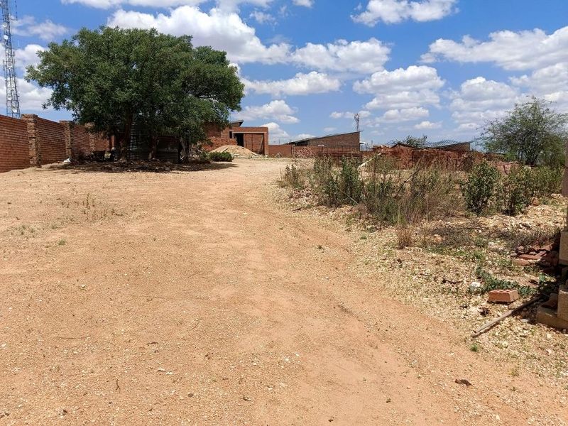 A view of a vacant residential plot featuring an unpaved driveway, a mature tree, and existing brick boundary walls.