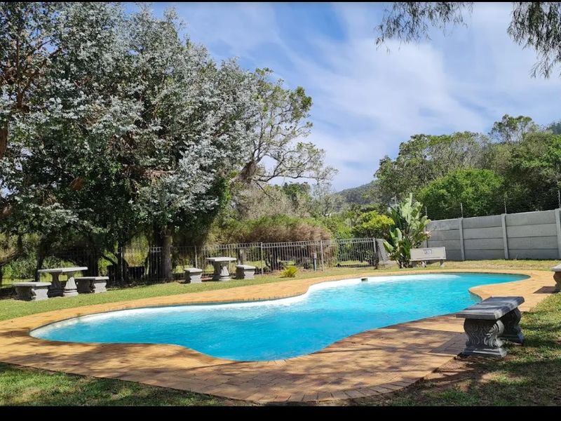 Outdoor pool area featuring a swimming pool with a paved surround, set within a landscaped garden with perimeter fencing and boundary walls.