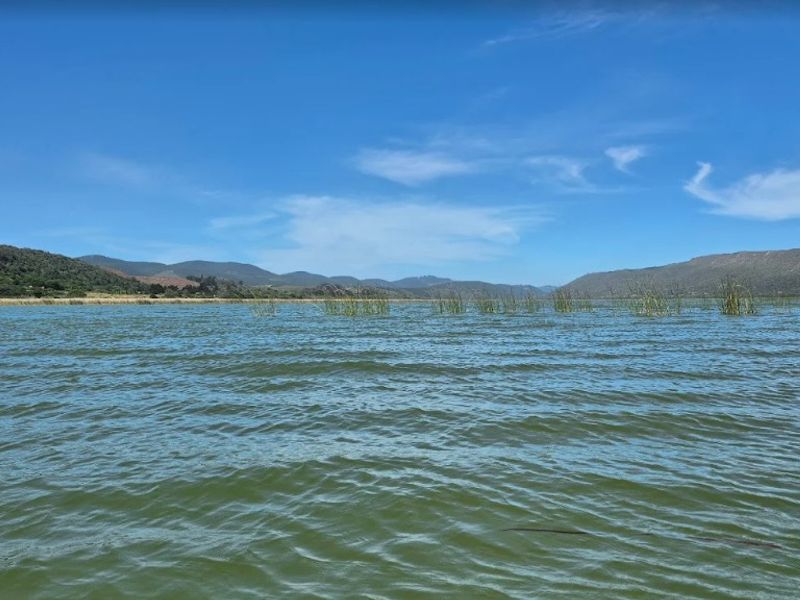 A scenic view of a lake with surrounding hills and natural vegetation.