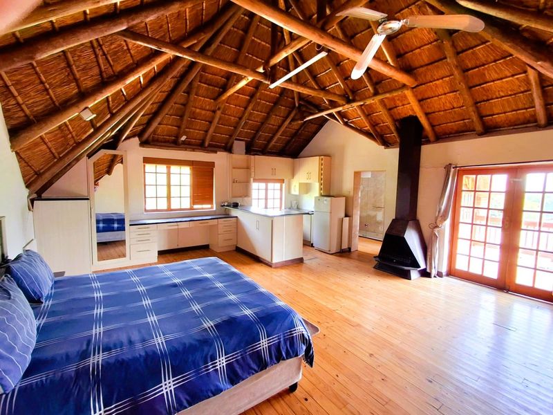 Spacious open-plan bedroom and kitchen area featuring a high vaulted thatch ceiling with exposed timber rafters, hardwood floors, and a cozy freestanding fireplace.
