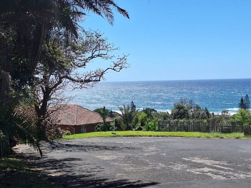 A scenic view of the ocean from a residential property, featuring a paved driveway and surrounding coastal vegetation.