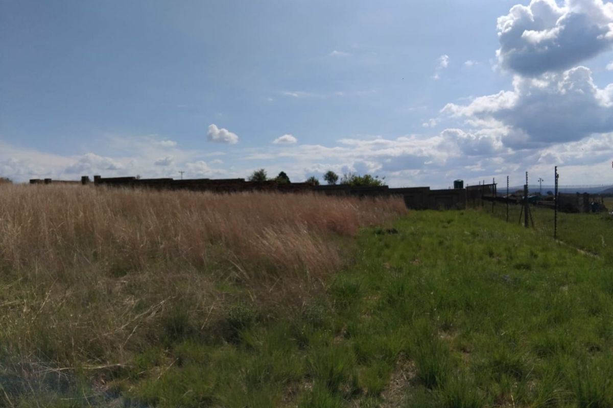 A view of a vacant residential plot featuring tall grass, a perimeter boundary wall, and installed electric fencing.