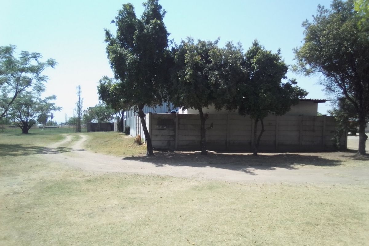 A view of the property grounds featuring a dirt driveway, mature trees, and a precast concrete boundary wall.