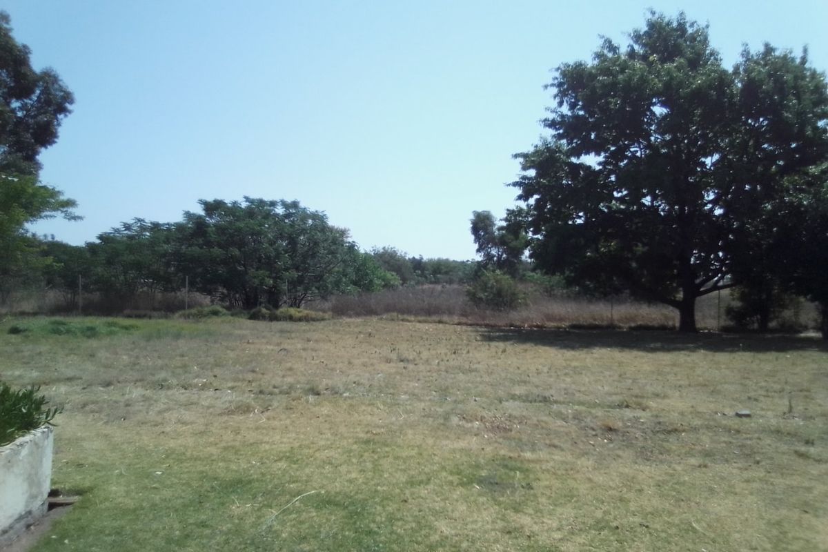 A view of the expansive garden area featuring mature trees and perimeter fencing on the farm property.