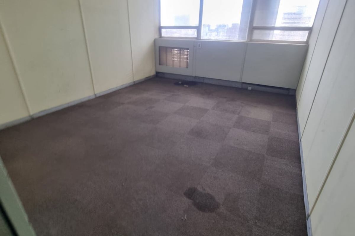 An empty commercial office space featuring carpeted flooring, large windows providing natural light, and a suspended ceiling with integrated lighting.