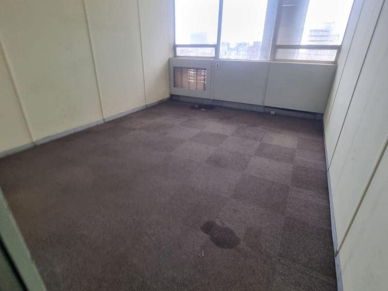 An empty commercial office space featuring carpeted flooring, large windows providing natural light, and a suspended ceiling with integrated lighting.