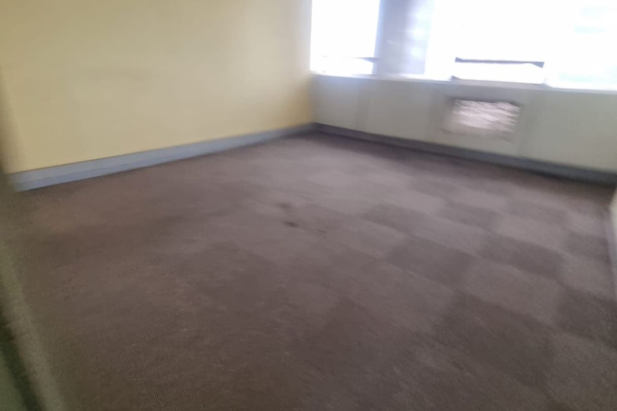 An empty commercial office space featuring carpeted flooring, large windows for natural light, and recessed ceiling lighting.