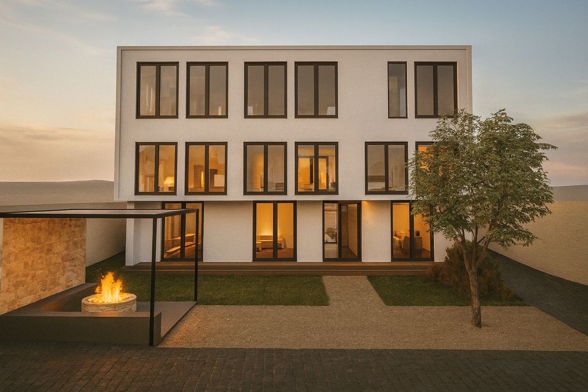 A modern three-story commercial building exterior featuring large windows, a landscaped rear garden, and a contemporary fire pit area.