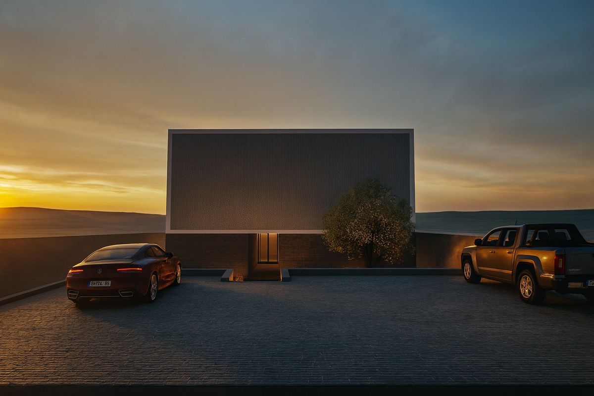 Modern commercial building facade featuring a minimalist design, paved driveway, and recessed entrance at sunset.